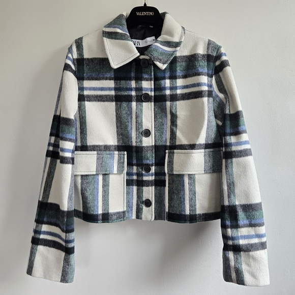 New Zara Plaid Patch Pocket Ecru/Green Shacket Jacket NWT - Picture 9 of 11